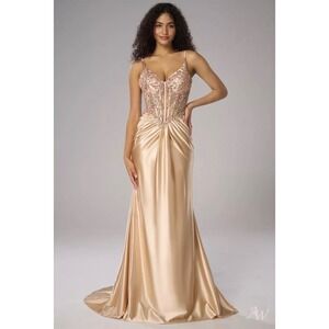 Babaroni Kandee Champagne Sequin Lace Satin Evening Gown Dress US16 BAU2341165